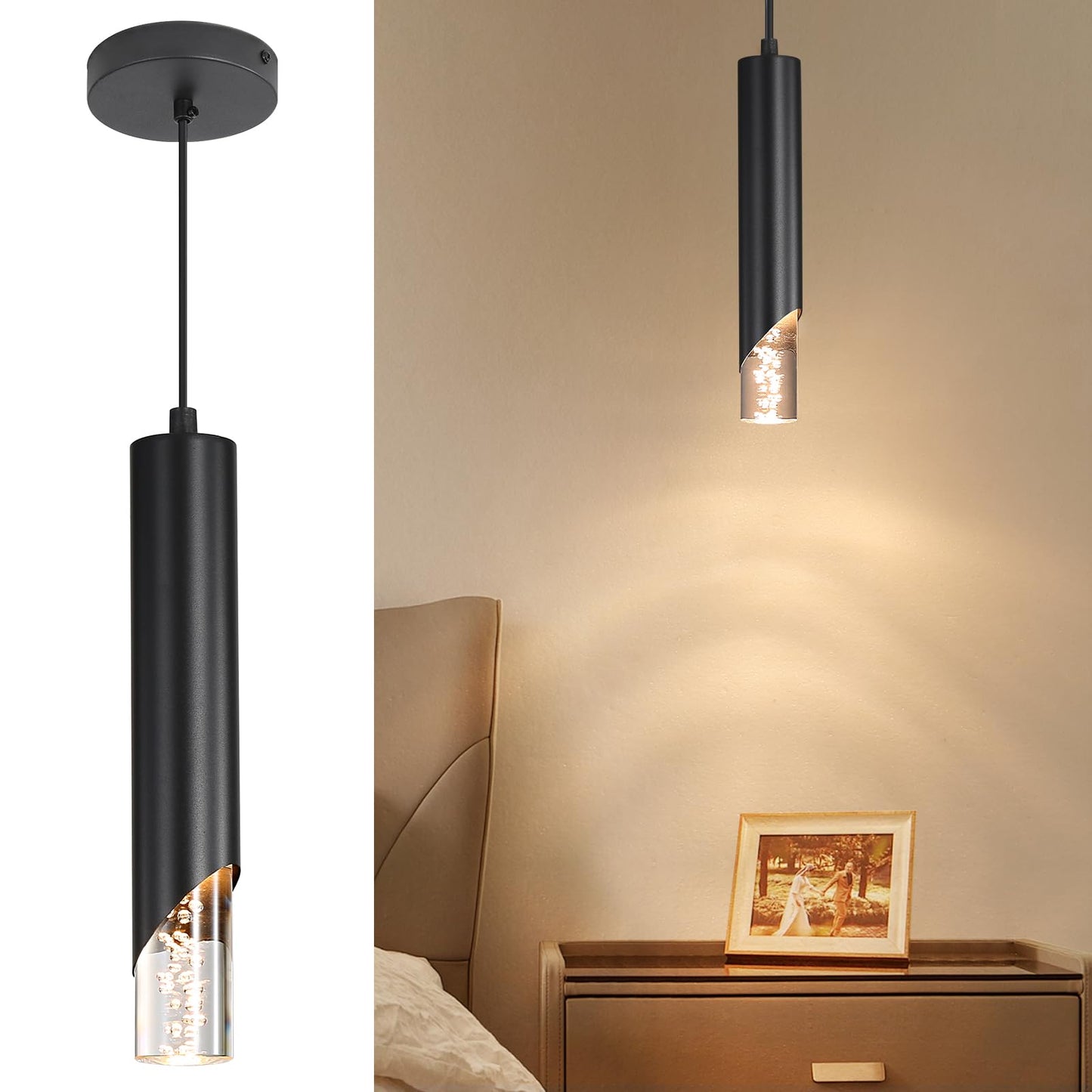 Minimalist Kitchen Island Pendant Lights  Black Modern Linear Hanging Light Fixture  Bubble Acrylic  Adjustable 2700K/4500K/6500K  Led Ceiling Lighting For Dining Room  Bedside  Bathroom  Bar