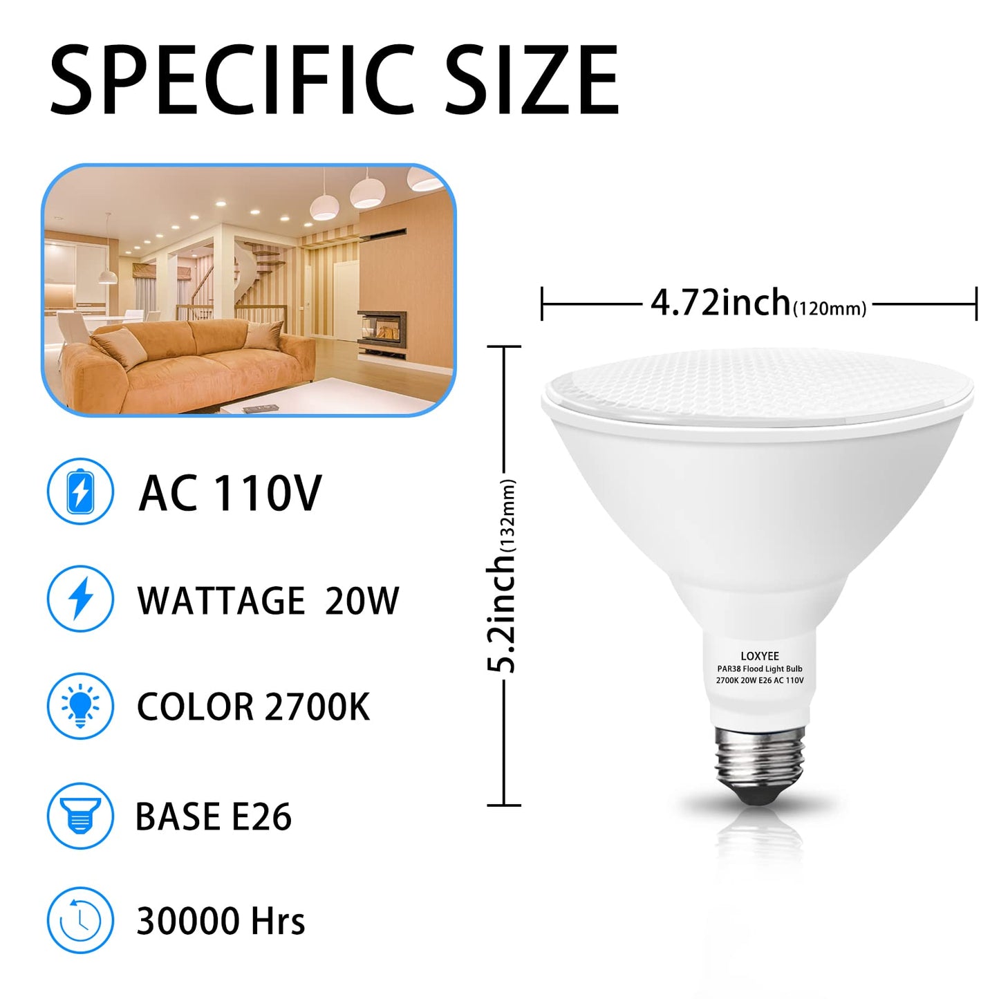 LOXYEE PAR38 LED Flood Light Bulbs, Dimmable 20W (200W Equivalent), 4 Pack, 2700K Soft White, E26 Base, 1800 Lum