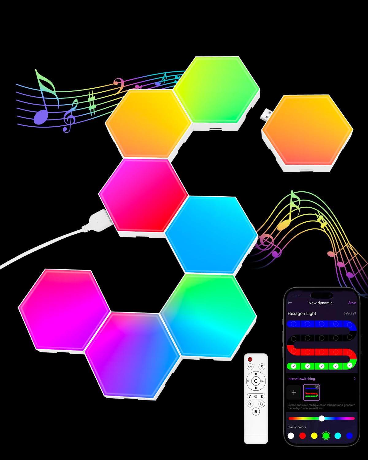 Hexagon LED Light Panels 8 Pack – RGB Wall Decor Lights with Music Sync, App & Remote – Modular Room Decor for Bedroom, Living Room, Gaming Setup, Gifts