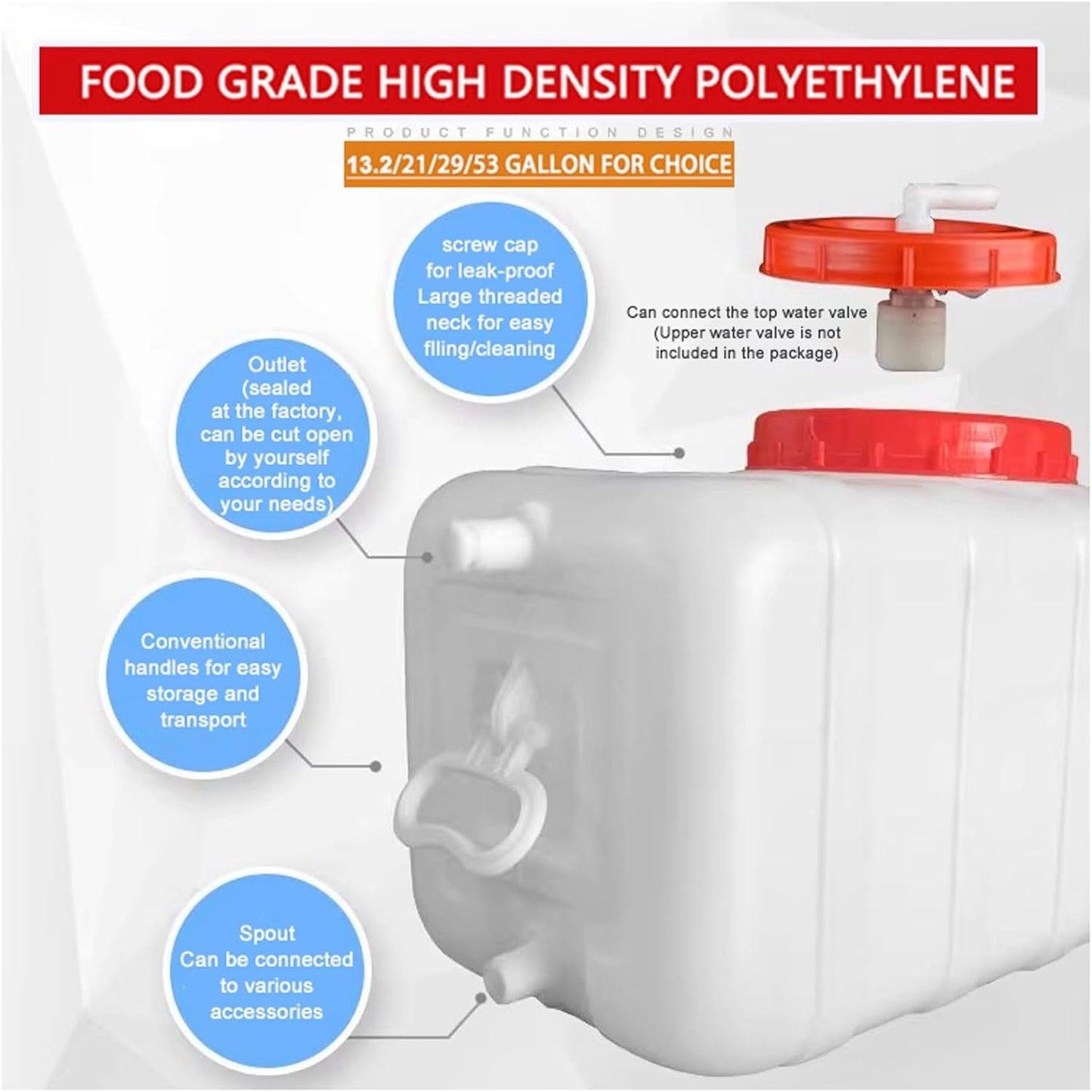 Large Water Storage Tank BPA Free Water Jug Container with Spigot, Portable Food Grade Plastic with Wide Opening for Outdoor Camping Hiking RV Emergency(Size:50L,Color:White)