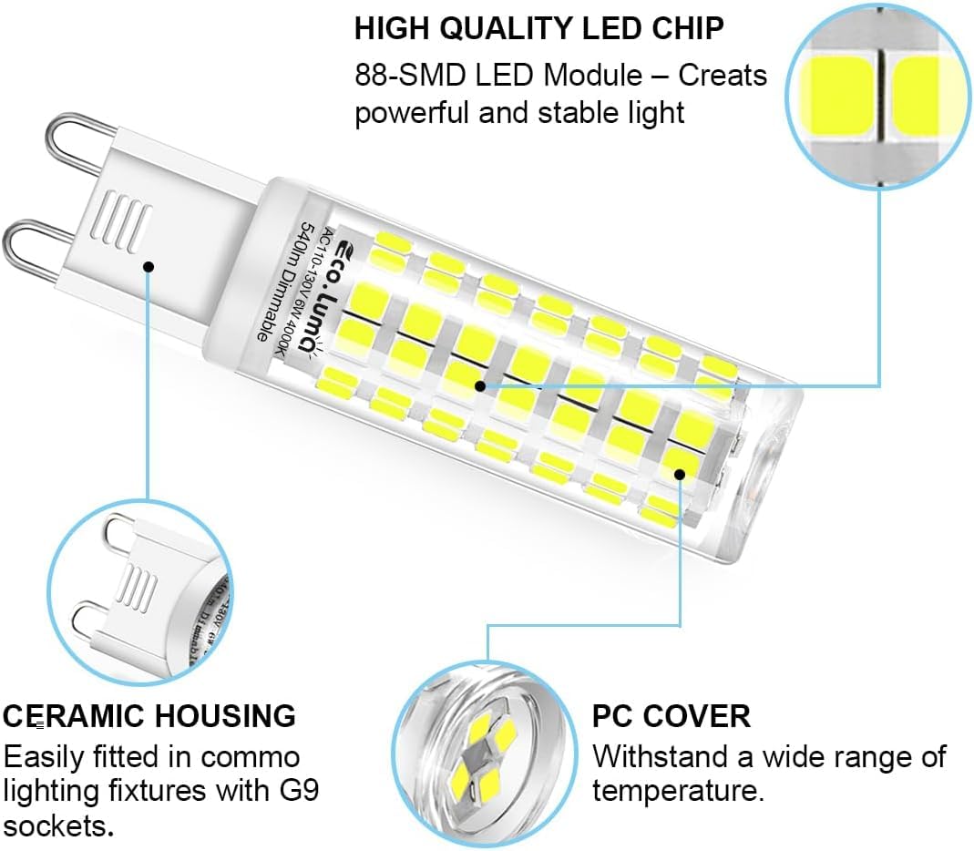Eco.Luma G9 Led Bulb  50W-60W Equivalent  5000K Cool White Dimmable  Efficient 6W  540 Lumens  G9 Bi-Pin Base T4 Led Light Bulbs For Indoor Lighting Replacement (Cool White  6 Pack)