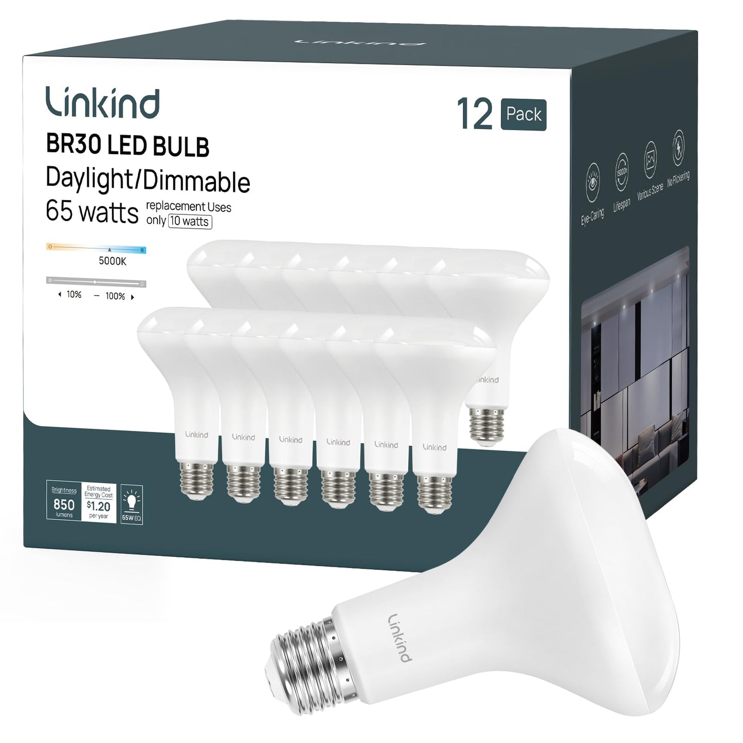 Linkind BR30 LED Flood Light Bulbs Indoor, 65W Equivalent Dimmable LED Recessed Bulbs, 10W 850 Lumens, 5000K Daylight E26 Base, Recessed Can Light Bulb for Bedroom Dining Room Bathroom, 12 Packs