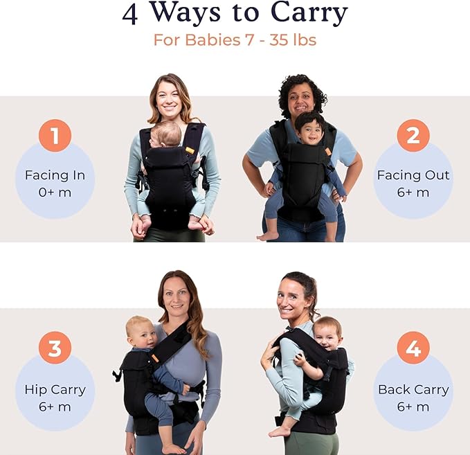 Beco Baby Carrier - Gemini Baby Carrier from Newborn to Toddler - Certified Ergonomic Newborn Baby Carrier for Infants and Children of 7-35 lbs - M Shape, Adjustable Seat, 100% Cotton (Metro Black)