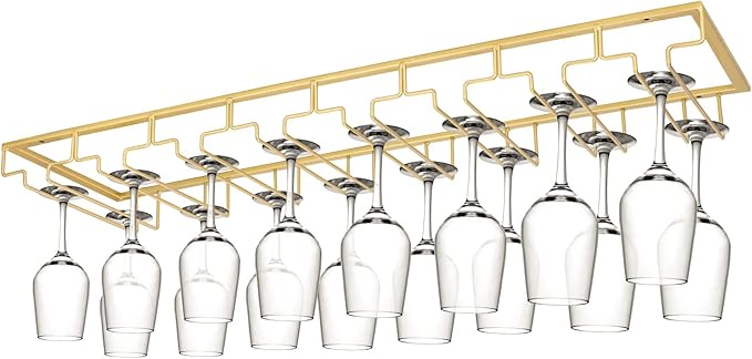 Xverycan Wine Glass Rack Under Cabinet, 8 Row Extreme Large Stemware Hanger, Metal Wine Goblet Holder, DIY Bar Glass Storage Rack for Bar Counter, Kitchen, Screws Included (Gold)