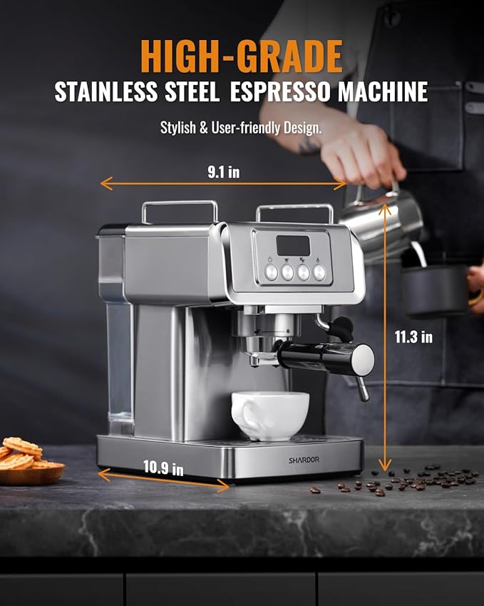 SHARDOR 20-Bar Espresso Machine for Home Barista, Built-In Steam Wand for Latte & Cappuccino, Stainless Steel Coffee Maker with Temp Display, 1350W, 60oz Water Reservoir