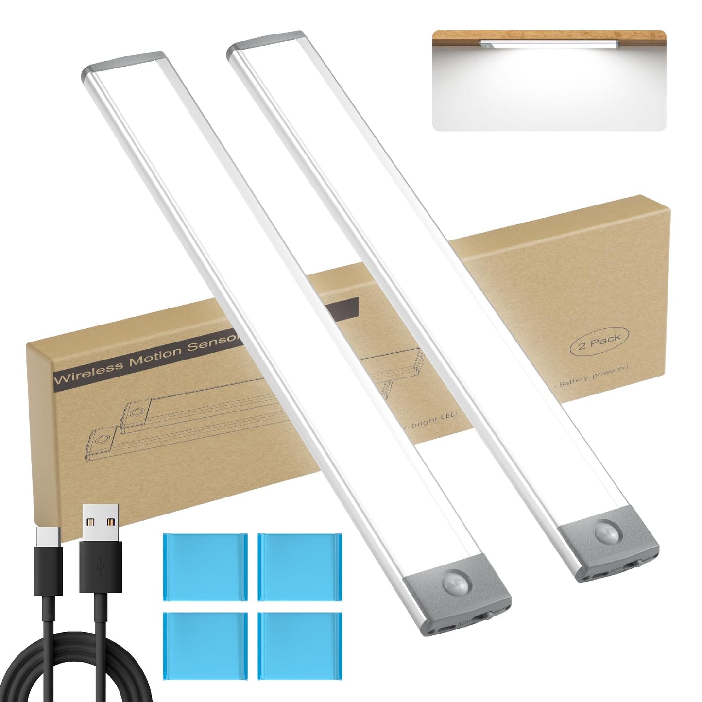 Lepotec 54 Led Under Cabinet Light, Rechargeable Wireless Motion Sensor, Ultra Thin Design, Silver-White, 12.5 (2 Pack)
