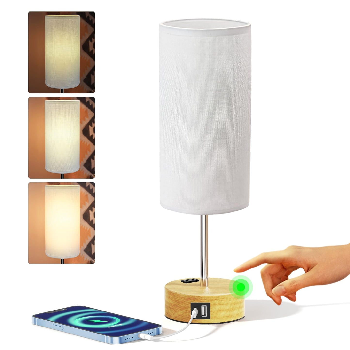 KPQ Touch Control Table Lamp, 3-Way Dimmable, USB A+C Ports, 14in Small Size, White Shade-Wood Base