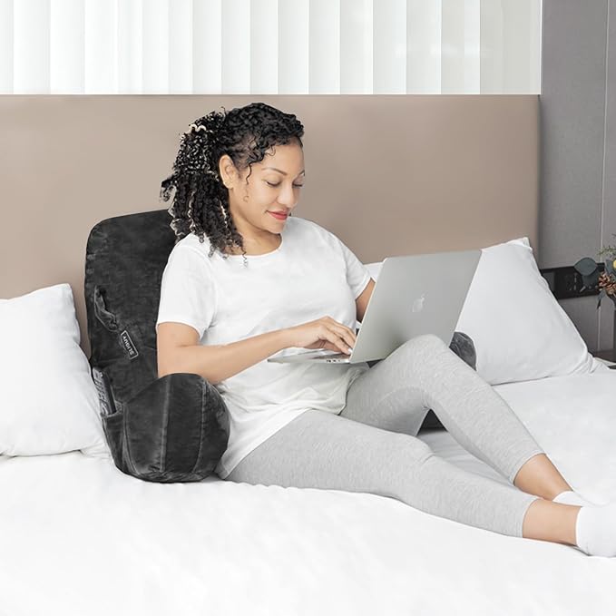 SLIGUY Reading Pillow Standard Bed Pillow for Sitting in Bed Couch or Floor-Backrest with Arms Support and Pockets, Adult Back Pillow Bed Chair for Bed Rest, Watching TV, Gaming, Dark Grey
