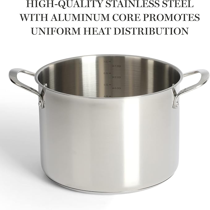 Martha Stewart Castelle 10 Piece 18/8 Durable Stainless Steel Induction Safe Non-Toxic Triply Bottom Kitchen Pots and Pans Cookware Set - Dishwasher Safe