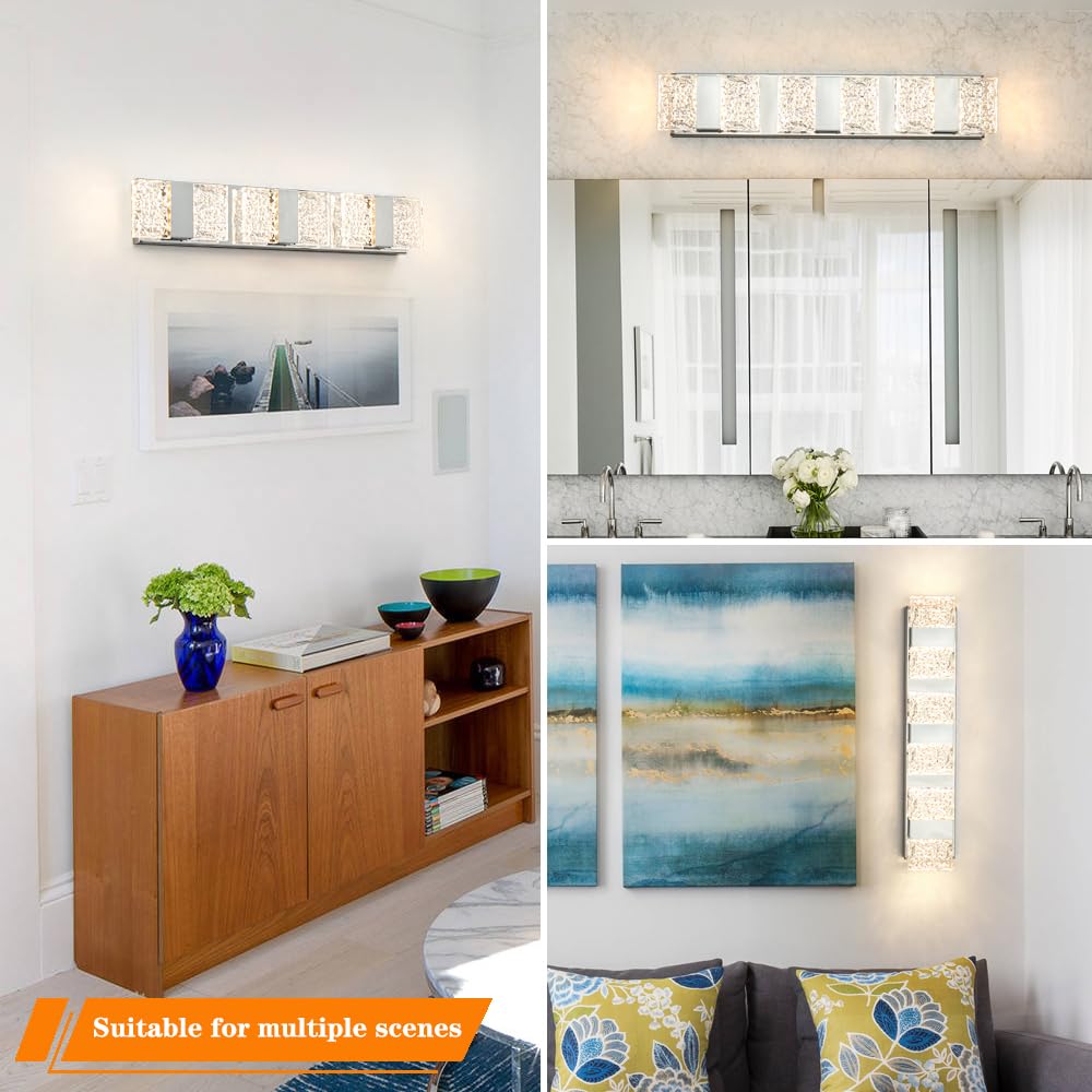 Modern 6-Lights Bathroom Vanity Lighting  Chrome Crystal Led Bathroom Light Fuxtures Over Mirror  Art Deco Dimmable Wall Sconce  Crystal Bathroom Light  Acrylic Hardwired Wall Lamp(H4.33In  L22.64In)
