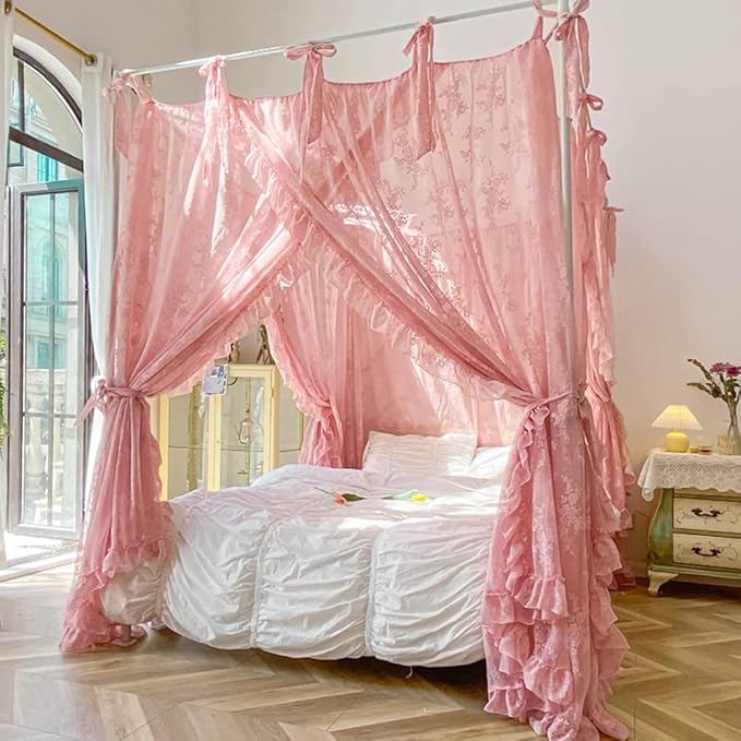 Mengersi Canopy Bed Curtains with Tie Backs,Princess Bed Canopy Curtains Bed Drapes Sheer Curtains for Bedroom Decor（Full,Pink