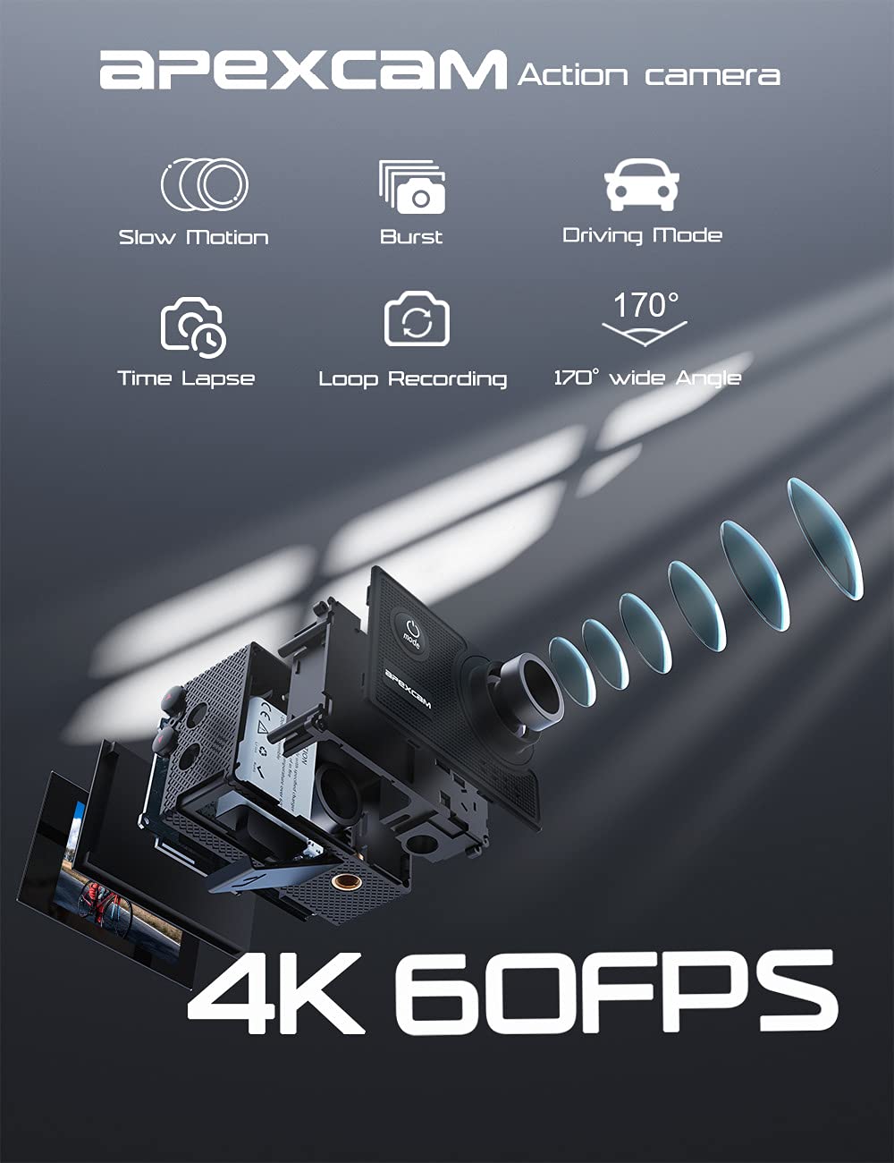 Apexcam 4K 60Fps Action Camera Eis Stabilization 20Mp Sports Cam 40M Waterproof Underwater Camera 8X Zoom Support External Mic W