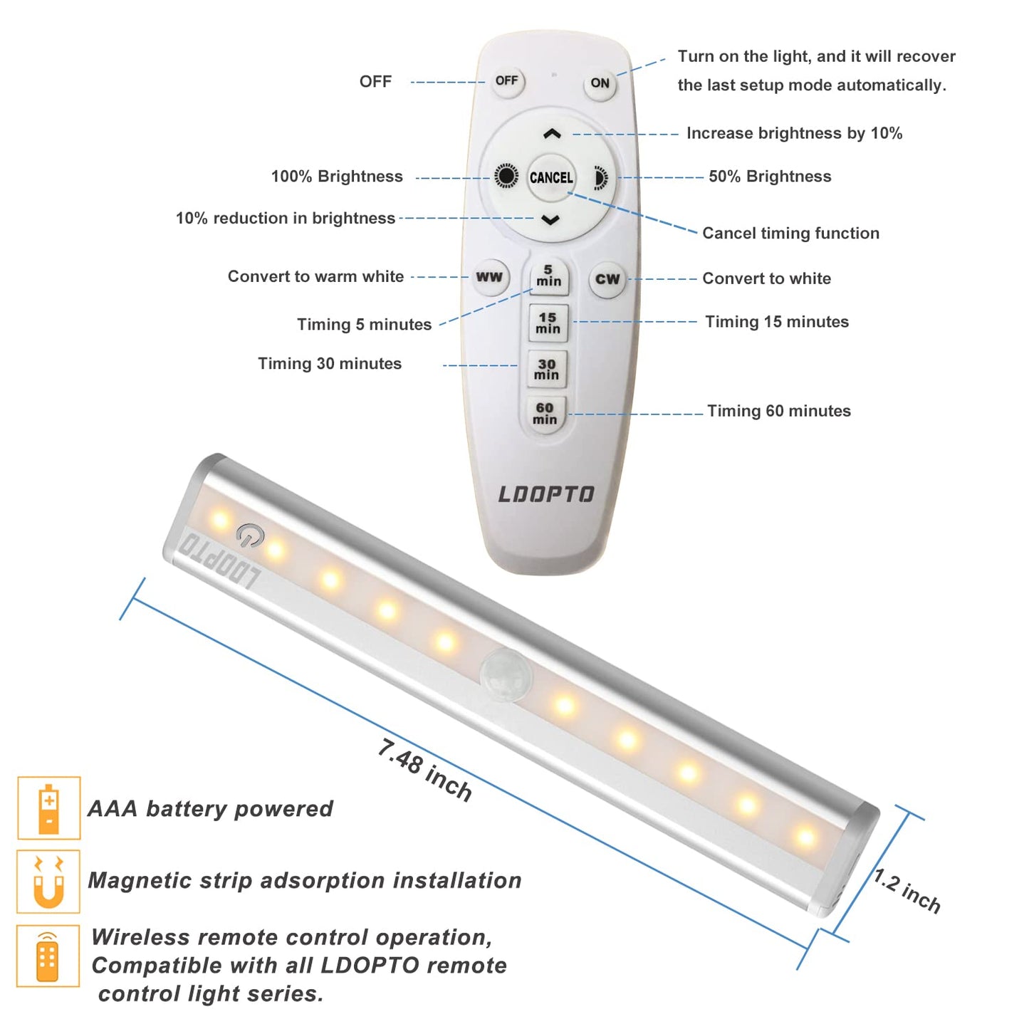 LDOPTO LED Under Cabinet Lights, Wireless Dimmable, Warm White, 6 Pack, Model UF13