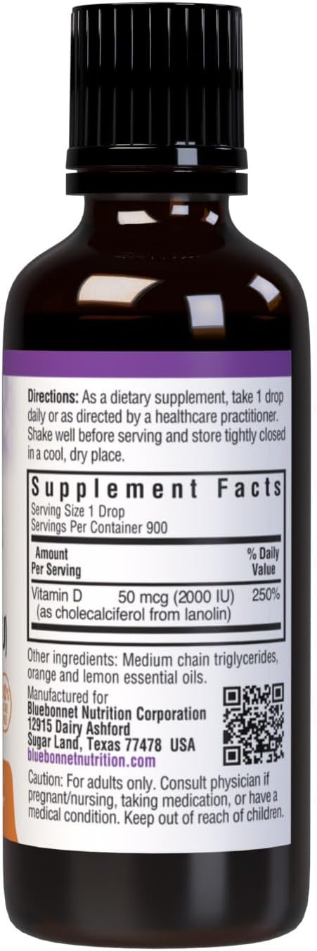 Bluebonnet Vitamin D3 2000IU 50mcg Strong Bones & Immune Support Supplement - Liquid Vitamins for Women & Men - Lanolin Vit D Drops with MCT Oil - Non-GMO, Vegetarian - Citrus Flavor - 1 Fl Oz