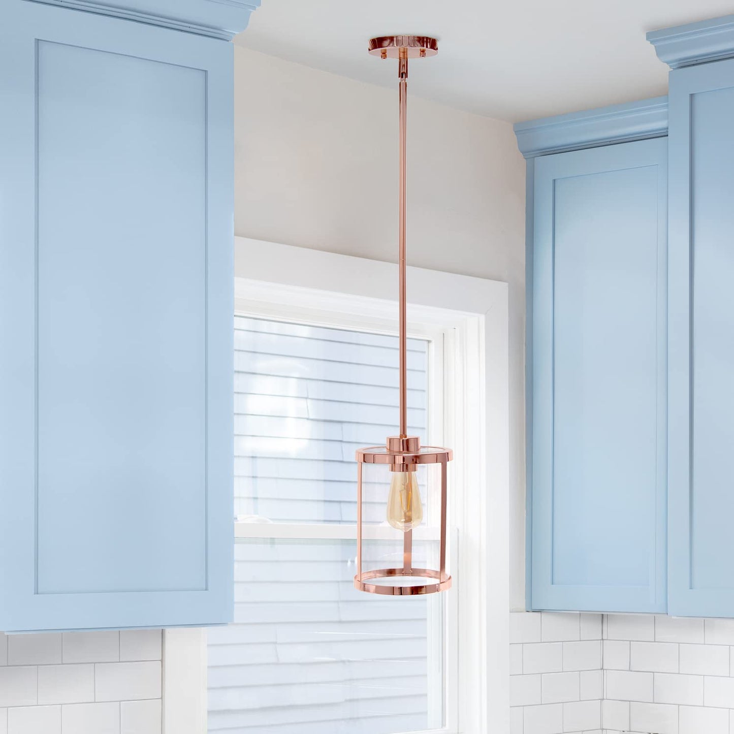 Elegant Designs PT1010-RGD 1-Light Pendant Light, Metal & Glass, 6.75inx6.75inx55in, Rose Gold, Vintage Modern Industrial
