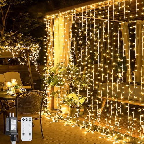 JMEXSUSS 300 LED Remote Control Curtain Lights, Plug in Fairy Curtain Lights Outdoor, Window Wall Hanging String Lights fo...
