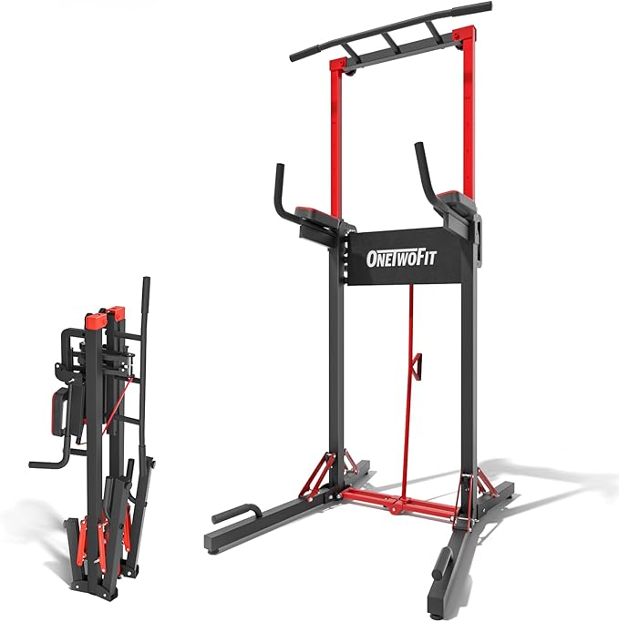 ONETWOFIT Foldable Power Tower Pull Up Bar Station, Multi-Function Adjustable Height Pull Up Dip Station for Gym Workout, ...