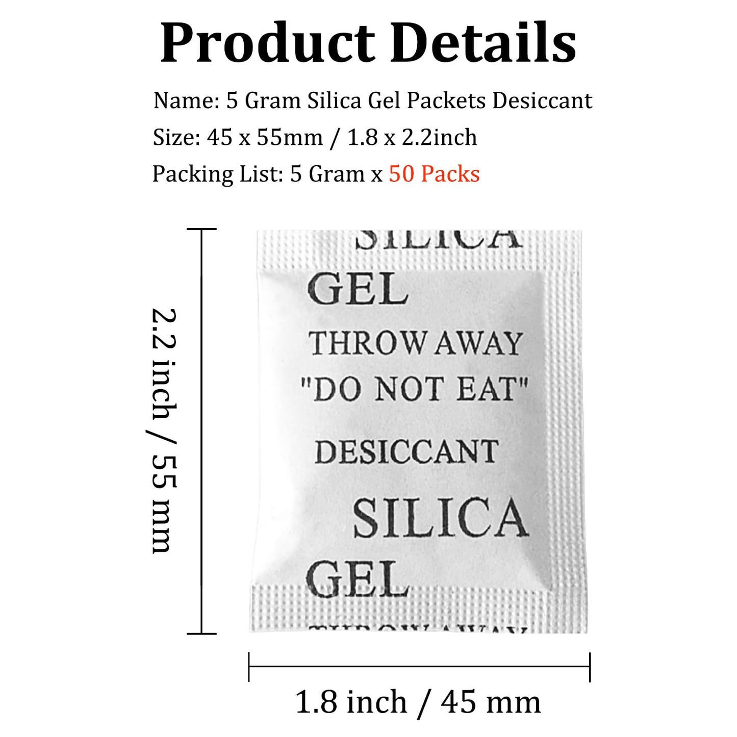 Silica Gel Packets, 50PCS 5 Gram Premium Transparent Desiccant Packs for Storage, Moisture Absorbers for Control Absorbing, Desiccant Dehumidifiers Bags for Electronics, Clothes Shoes, Jewelry, Spices