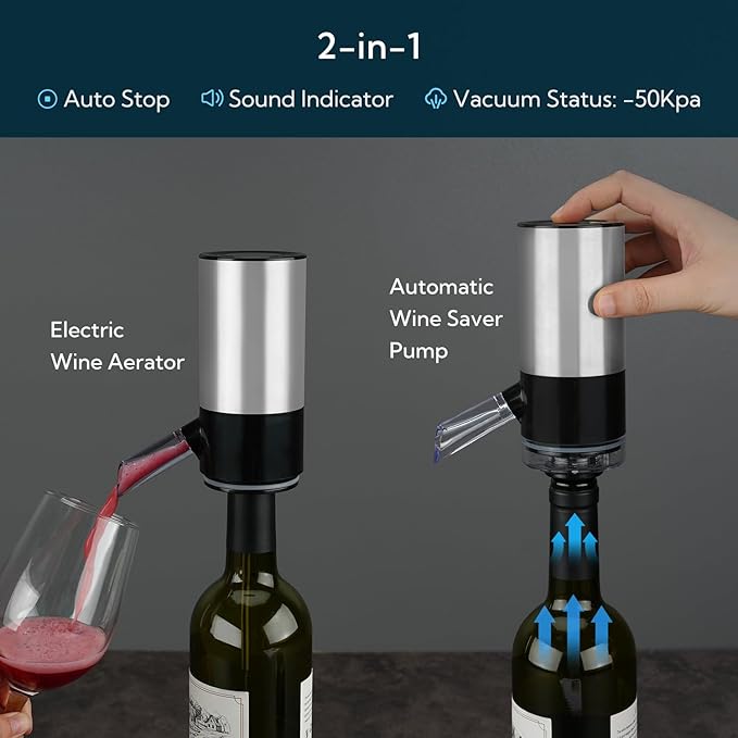 KITCHENDAO Rechargeable Electric Wine Aerator Dispenser and Wine Saver Pump, Automatic Wine Pourer with USB-C Cable, Storage Base and 2 Stoppers, Built-in Sound Indicator