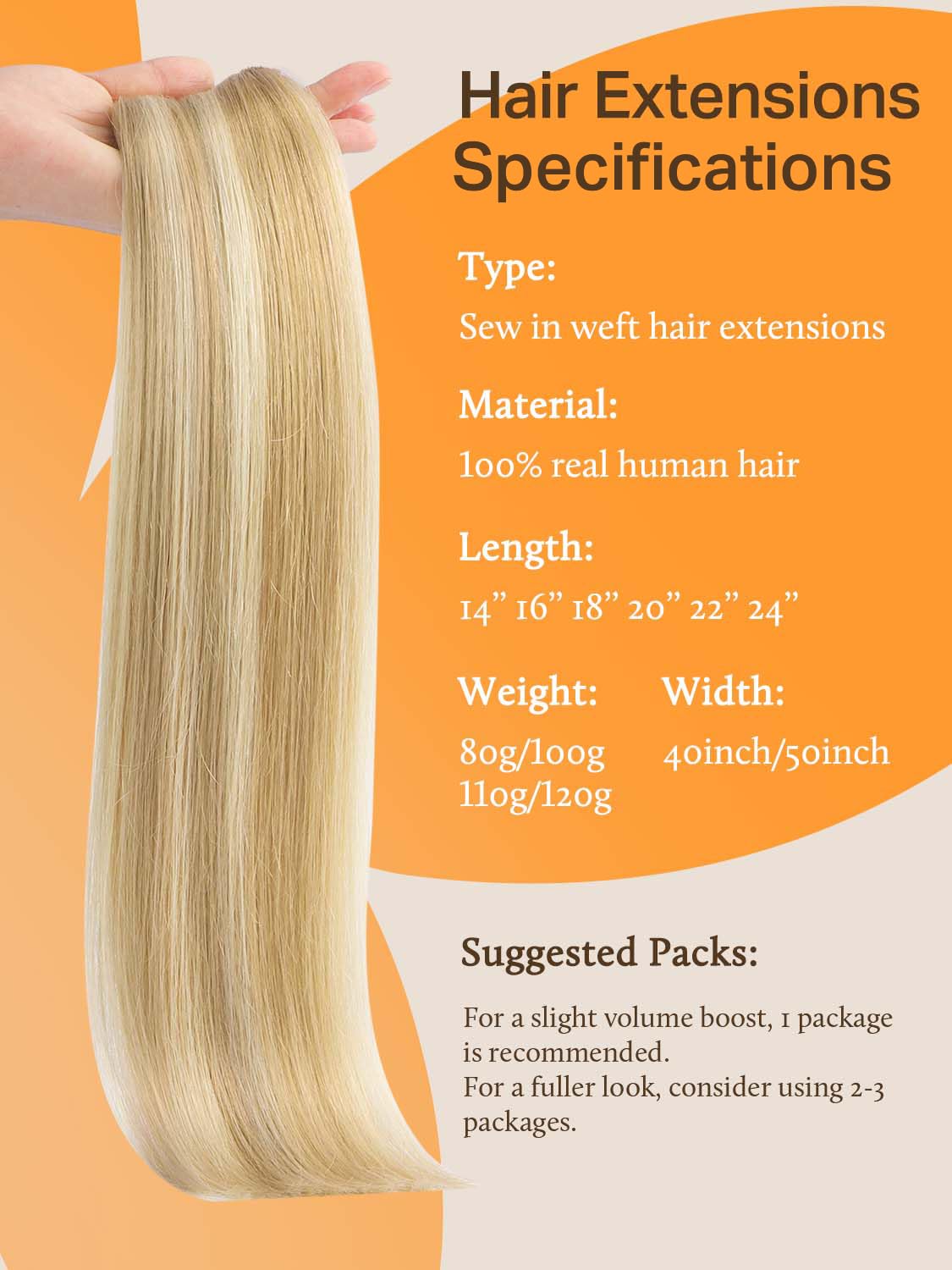 DOORES Sew in Hair Extensions Real Human Hair, Dark Blonde Highlighted Bleach Blonde 14 Inch 80g, Hand Tied Natural Straight