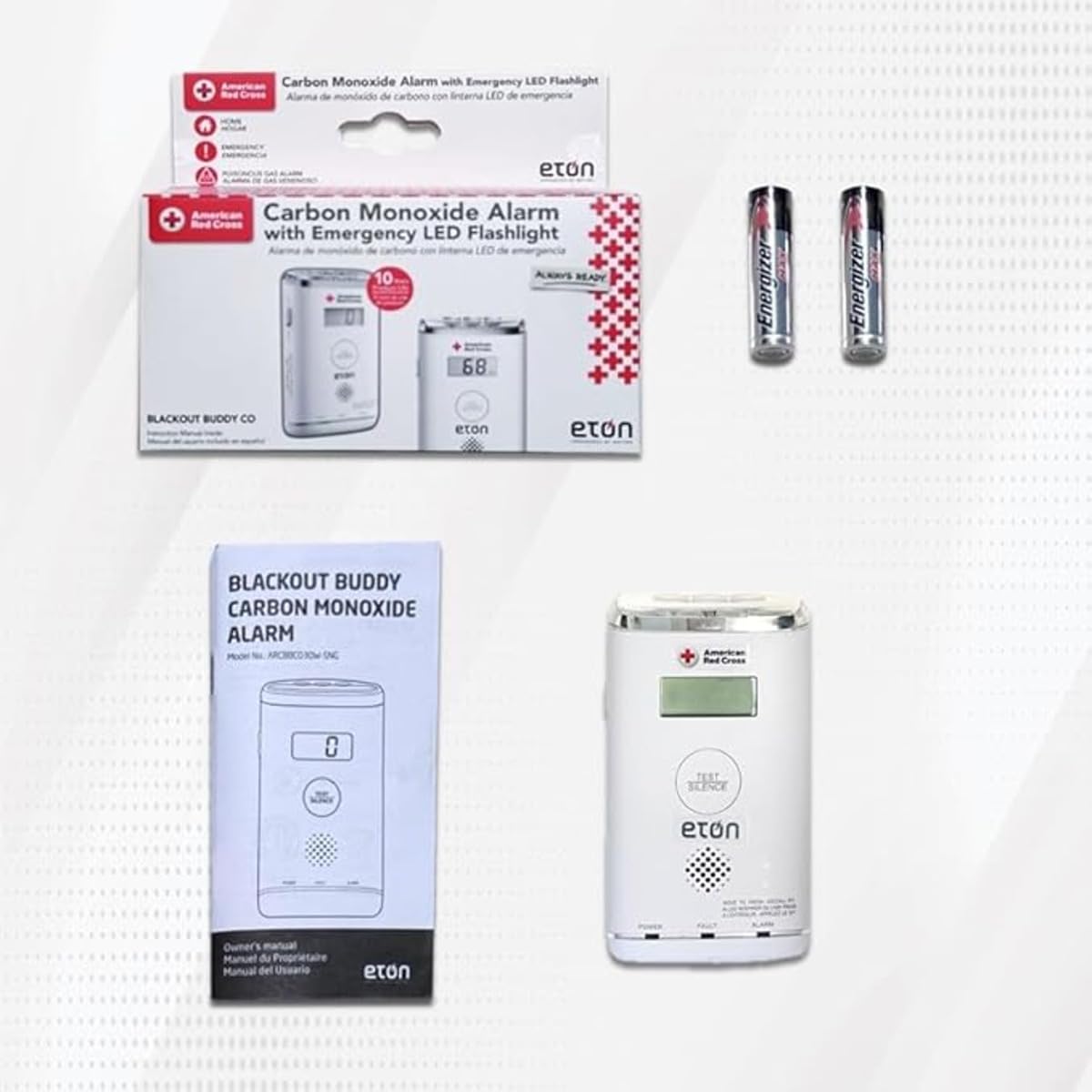 Eton 10-Year Carbon Monoxide Detector, Digital Display, LED Status Indicator, Emergency LED Flashlight, Plug-in with Battery Backup, Energizer Batteries