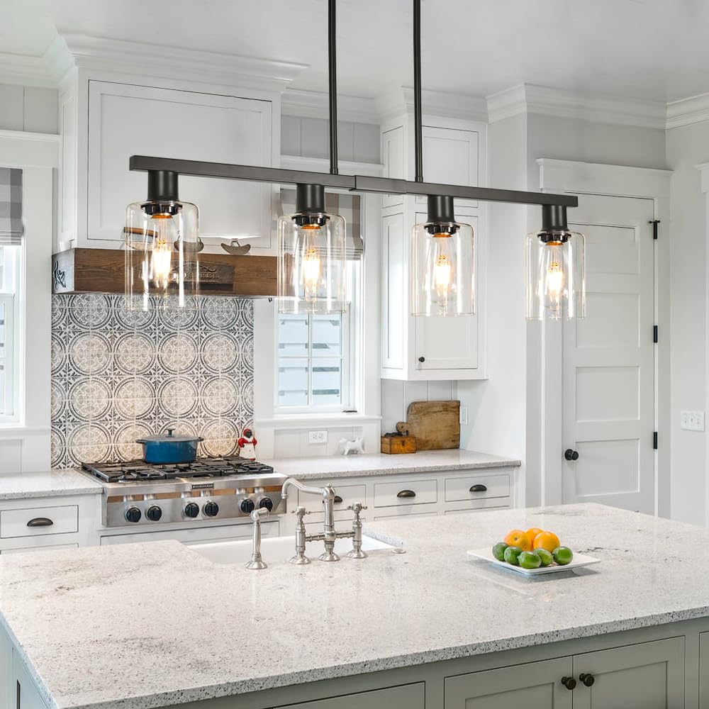 4-Light Kitchen Island Lighting  Black Farmhouse Chandelier With Adjustable Height & Clear Glass Shades  Linear Hanging Dining Room Light Fixture Over Table Bar  Simplicity Island Lights For Kitchen