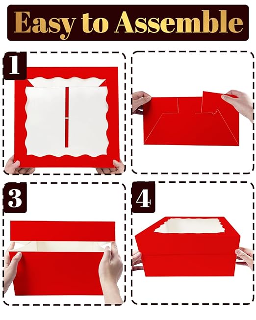 qiqee 12x12x6 Cake Box, 18 Sets Red Cake Box with Window ＆ 18 Sets 12" Red Cake Round Boards, 12inch Cake Containers