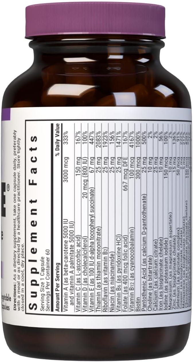 Bluebonnet Nutrition Mult One (with Iron), Daily Nutritional Support*, Vegetarian Friendly, Kosher Certified, Gluten-Free, Dairy-Free, 60 Vegetable Capsules, 60 Servings