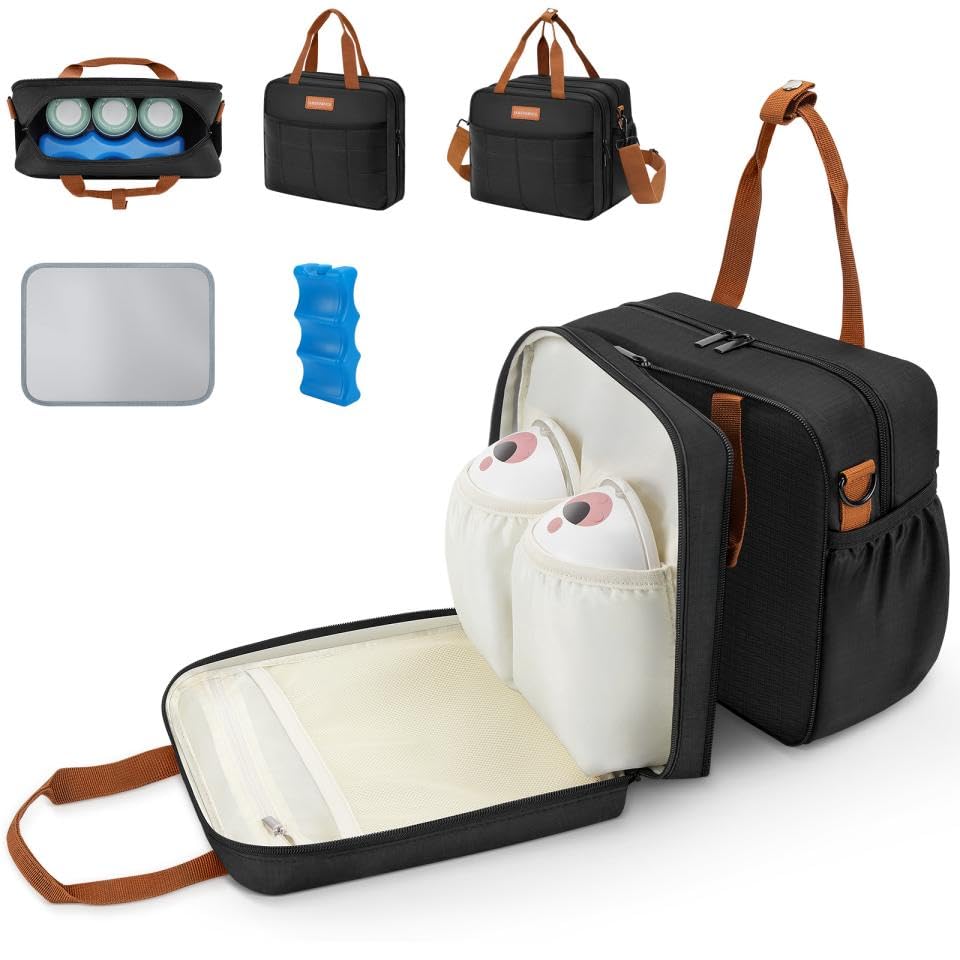 HavenMinds Detachable Breast Milk Cooler Travel Bag with Ice Pack, Double Layer Breast Pump Bag Compatible for Wearable Breast Pump, Portable Breastmilk Cooler Bag & Carrying Case with Waterproof Mat