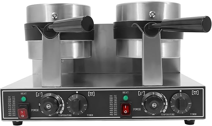 Waffle Maker Double Heads Waffle Iron Machine 2400W 110V Wafer Making Machine Stainless Steel Chaffle Maker with 180° Rotatable Handle Temperature and Time Control