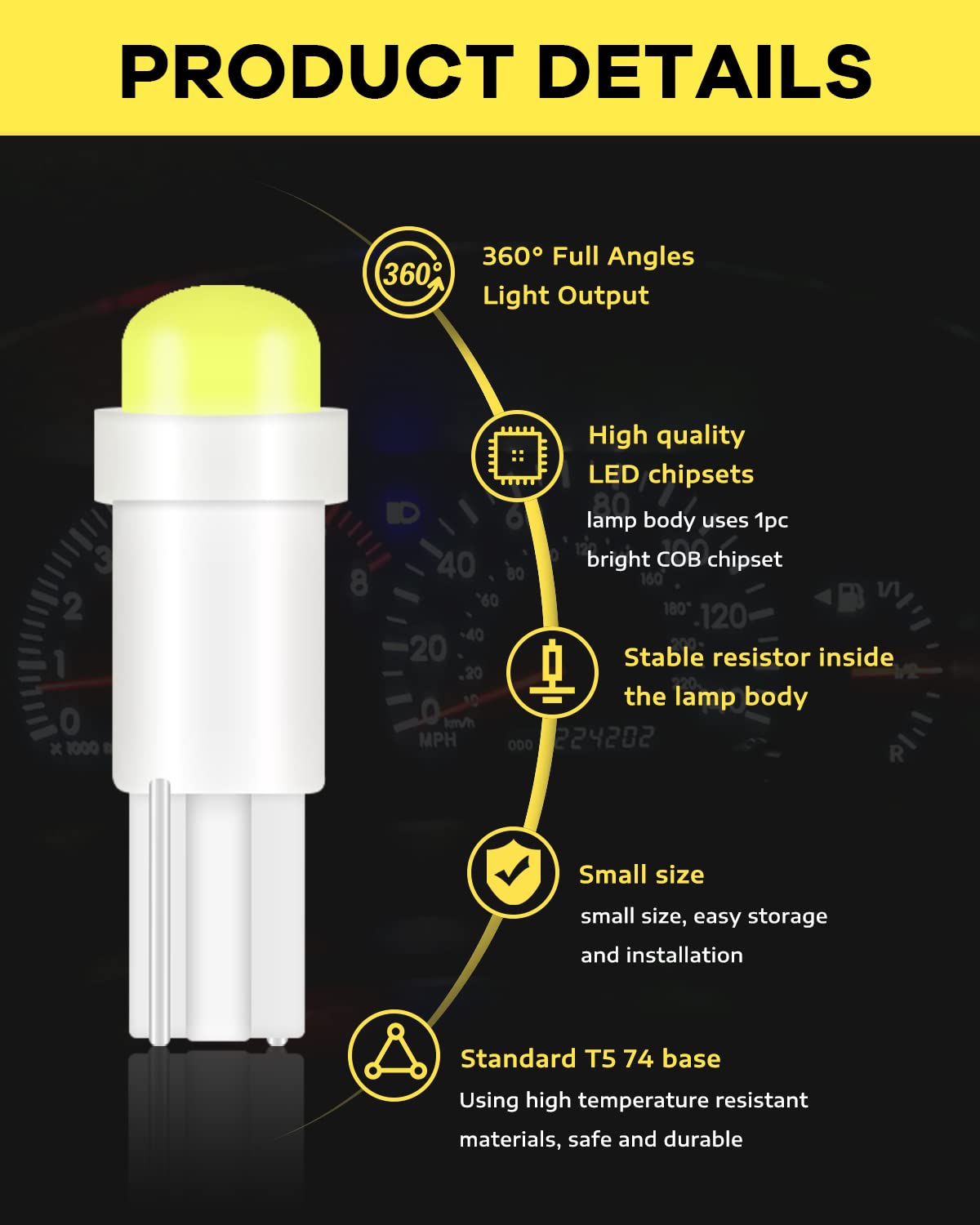 Alopee T5 Led Bulbs, 10Pcs Bright White 1Smd, Polycarbonate, For Car Instrument Cluster & Door Light, Dc 12V