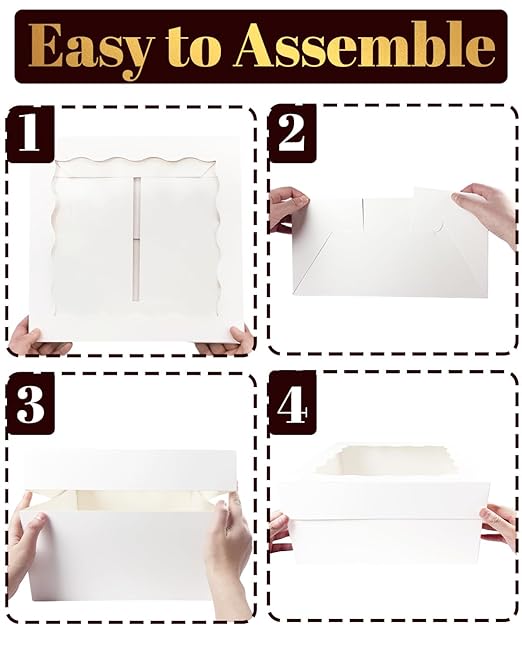 qiqee 12x12x6 Cake Box, 18 Sets White Cake Box with Window ＆ 18 Sets 12" White Cake Round Boards, 12inch Cake Containers, 10 Meters Gold Silk Ribbon