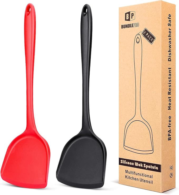 Pack of 2 Silicone Wok Spatula, Non-Stick, Heat Resistant, Easy to Clean and Dishwasher Safe, Seamless Kitchen Utensil for Cooking, Baking, Stir-Fry (Black-Red)