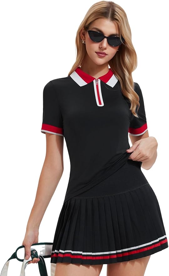 IUK Women's 2-Piece Tennis Skirt Set, Polo V-Neck Top & High-Waisted Pleated Skirt, Athletic Outfit for Golf Pickleball