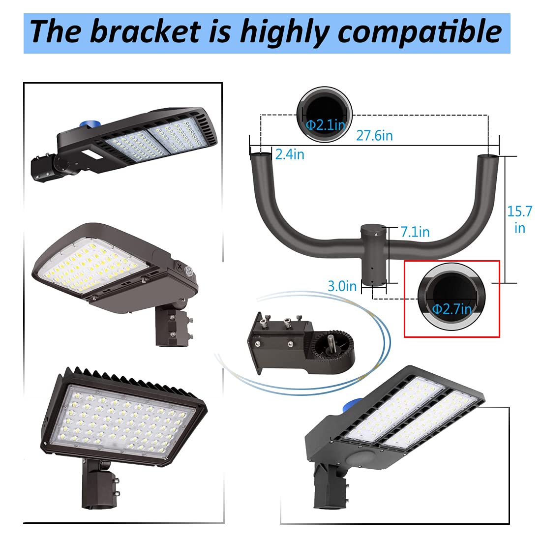 Ledmo Double Bullhorn Bracket For Led Parking Lot Light, 180° Mount, Metal, 300W/Arm Mount, Brown, Model Led1117