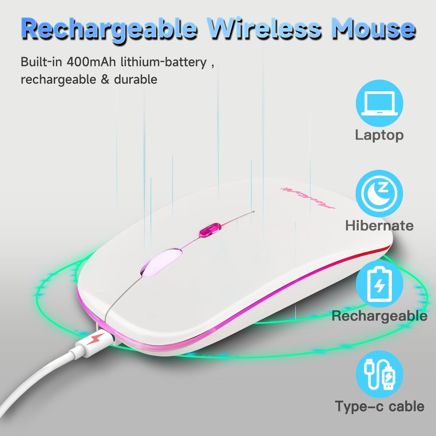AooKoNi Wireless Bluetooth Mouse, Rechargeable USB Optical Mouse, LED Slim Dual Mode(Bluetooth 5.2 and 2.4G) Wireless Mouse for Laptop, PC, Mac OS, Android, Windows (Type C Charging Port, White)
