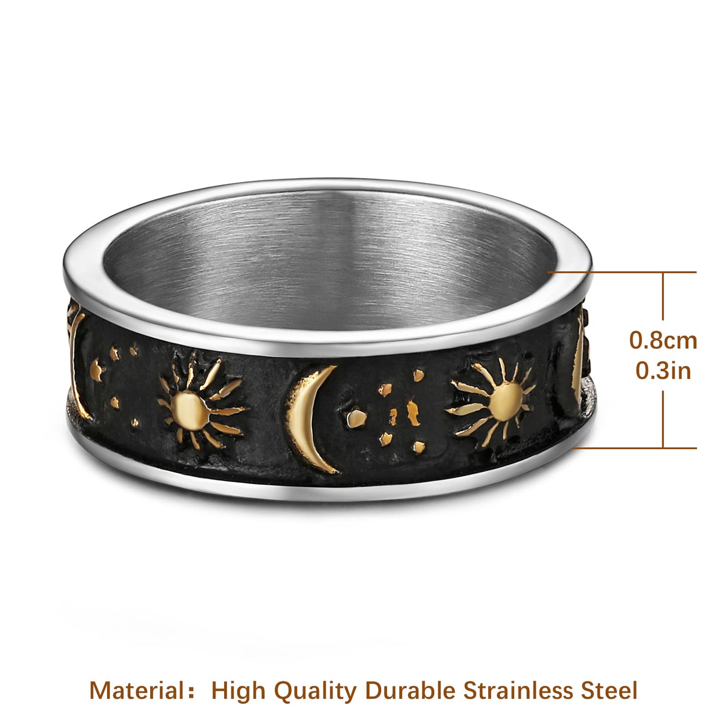 HZMAN 8mm Moon Star Sun Statement Ring Stainless Steel Boho Jewelry for Women Men (Silver & Gold, 12)