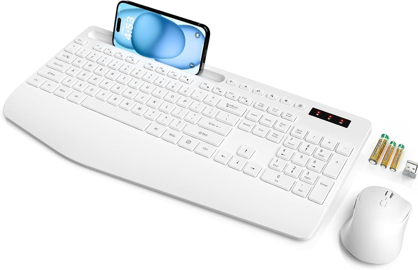 Sablute Wireless Keyboard And Mouse, Wrist Rest, Phone Holder, Batteries Included, 2.4G Lag-Free Ergonomic Keyboards Mouse Combo