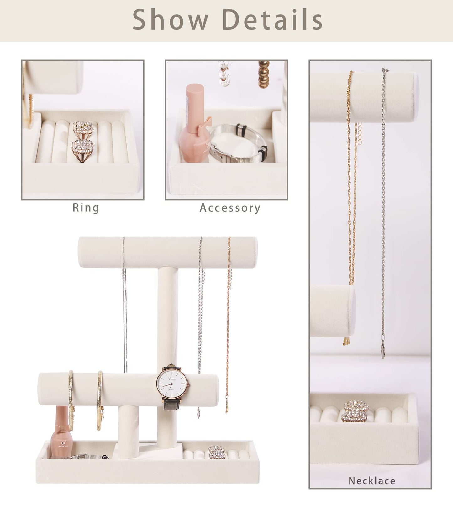 ByKen Multi-Functional 2 Tier Jewelry Holder,Necklace Bracelet Holder with Earrings Rings Tray,Jewelry Organizer Stand for Scrun
