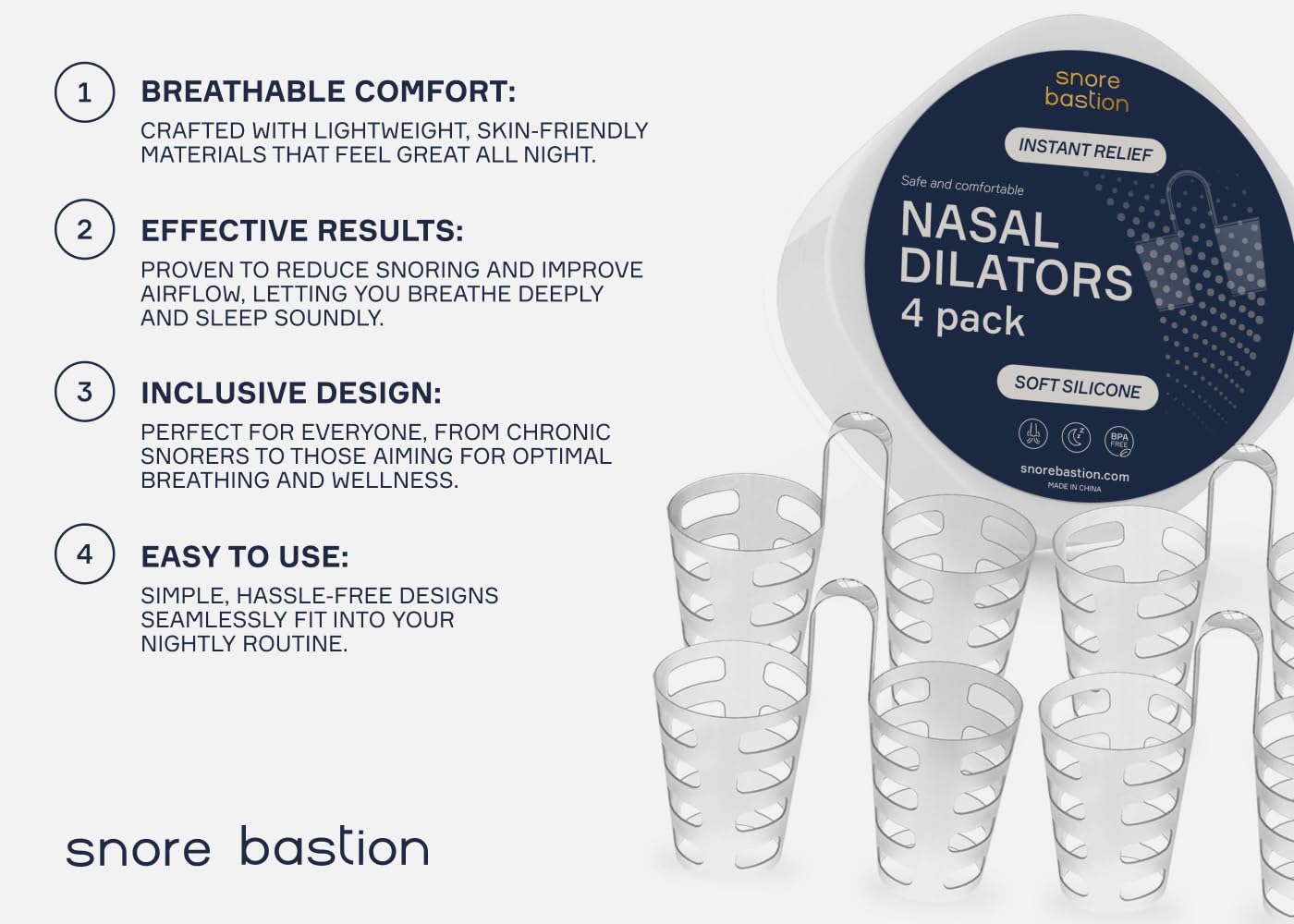 Snore Bastion Nasal Dilators for Sleeping - 4 Medium (M) Anti Snoring Nose Vents - Soft Silicone Snore Stopper - Snoring Solution - Nasal Cones to Stop Snoring