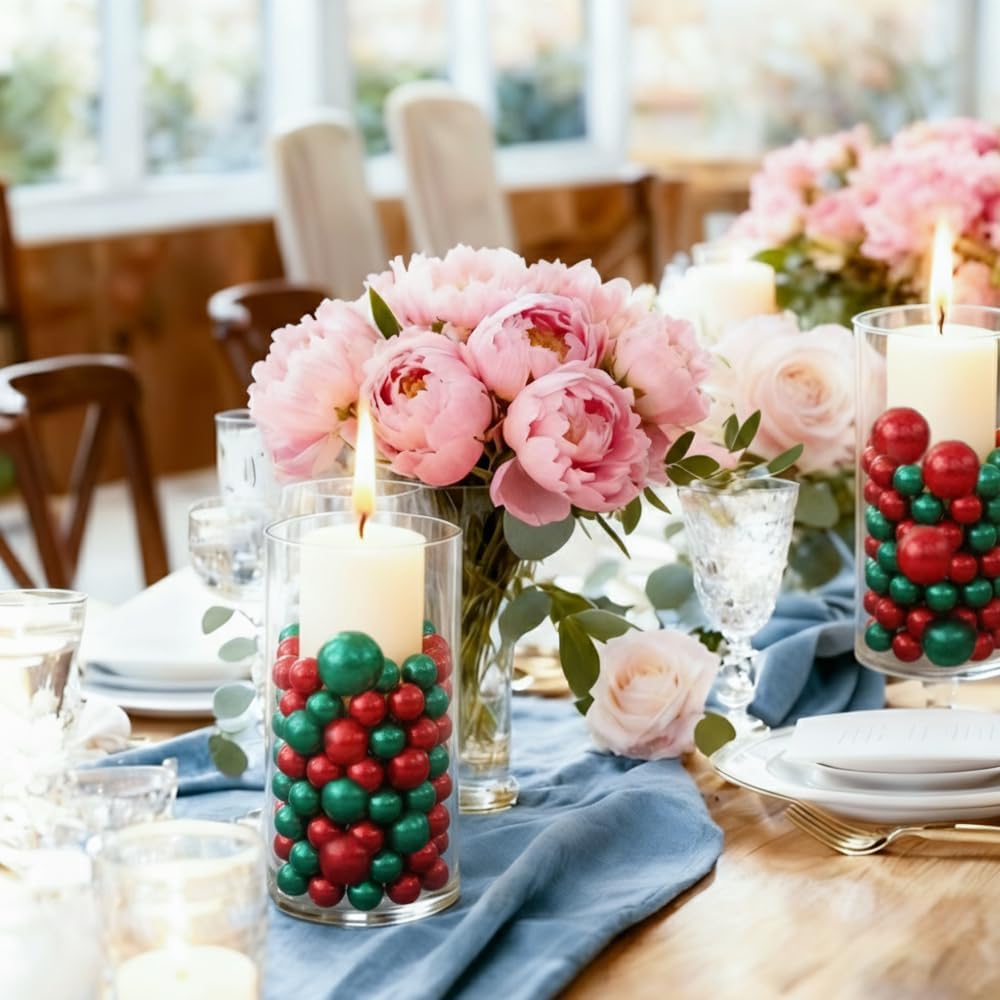 Pearl Beads No Hole Pearls for Crafting 180 Pcs Fake Pearls Faux Pearls for DIY Crafts Jewelry Making Vase Filler Floating Candle Wedding Birthday Party Home Decorations (Red & Green, 8/10/14/20mm)
