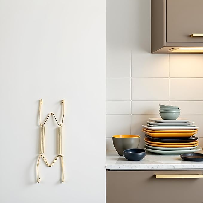 Gold Plate Dish Hanger Dismountable Wall Display Securing Clip W Type Dish Spring Holder Invisible Hook Home Decor Vertical Plate Holders (7 Inch)