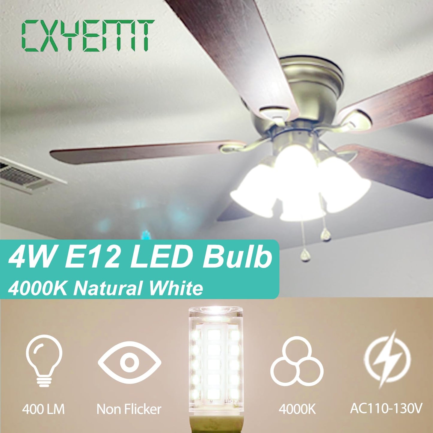 Cxyemt E12 Led Bulb 4W (Equivalent 40 Watt)  T4 Candelabra Light Bulbs 4000K Natural White  400Lm  Non-Dimmable  Non Flicker  360Beam Angle  Ac120V E12 Light Bulbs For Chandelier Lighting  6 Pack