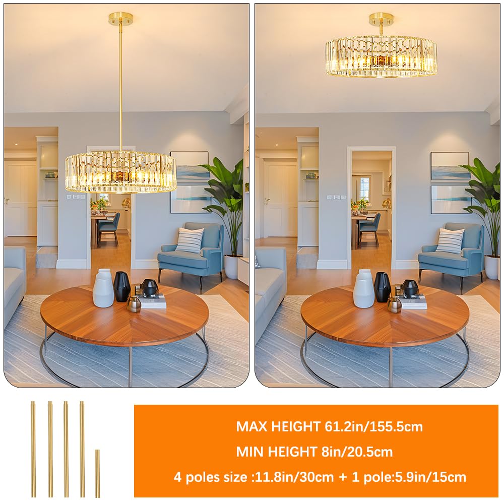 Gold Crystal Chandelier For Dining Room  6-Light Modern Semi Flush Mount Ceiling Lighting Fixtures  Round Kitchen Fixtures Ceiling  Hanging Drum Pendant Lights For Living Room Bedroom Foyer  19In  E26