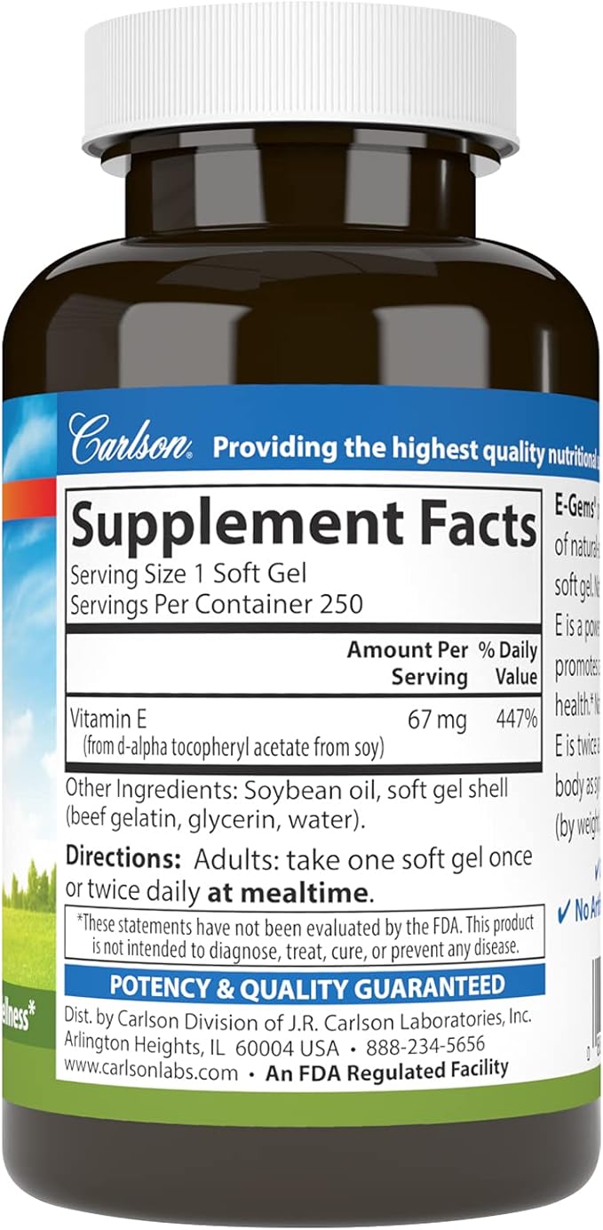 Carlson - E-Gems, 100 IU, Heart Health & Optimal Wellness, Antioxidant, 250 soft gels