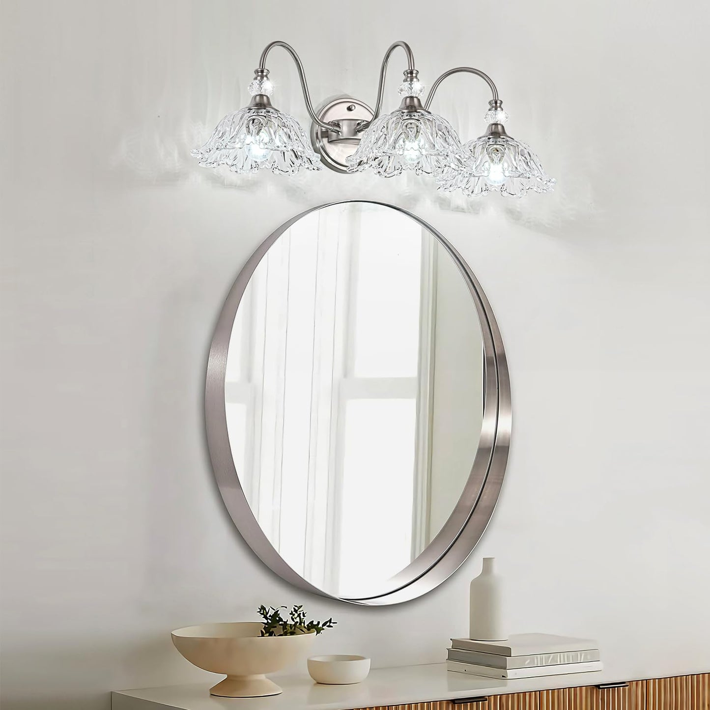 Brushed Nickel 3-Light Bathroom Vanity Light With Floral Clear Glass Shades  Brushed Nickel Wall Mount Lighting For Bathroom  Dressing Table