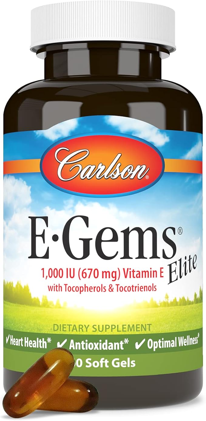 Carlson - E-Gems Elite, 1000 IU (670 mg) Vitamin E with Tocopherols and Tocotrienols, Optimal Wellness, 60 Softgels