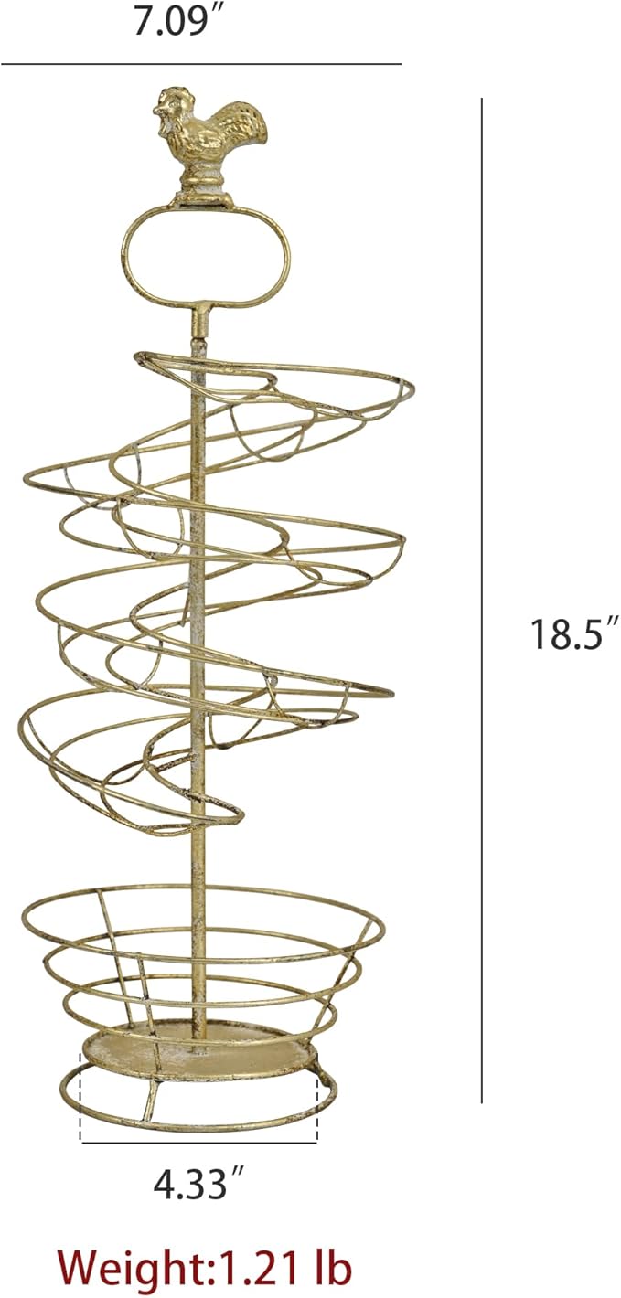Vintage White Metal Spiral Egg Holder - Farmhouse Distressed Decor Egg Skelter Rack with Rooster Top, Storage Display Rack for Kitchen Countertop Decor (Gold)
