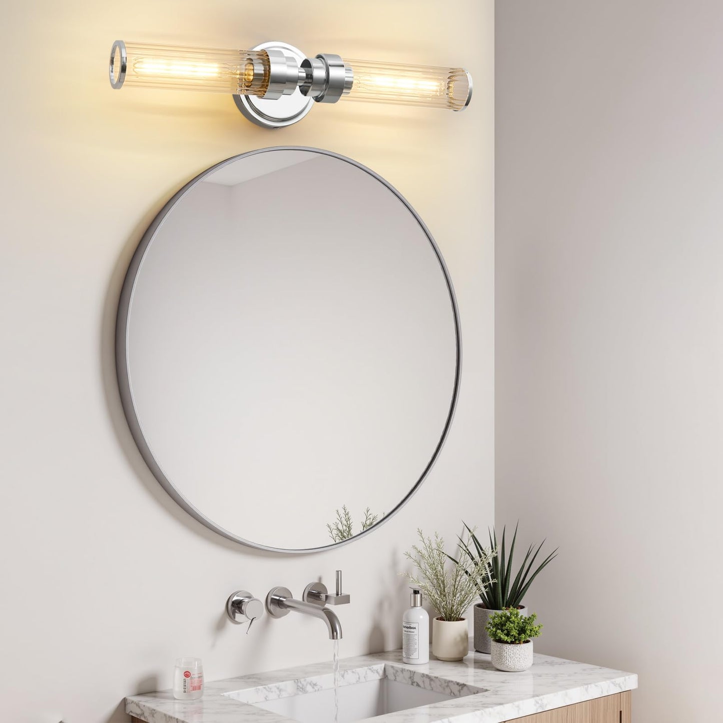 Vaziden Bathroom Light Fixtures  Chrome Wall Sconce In Threaded Glass Indoor Vanity Lights  Modern Bathroom Vanity Light Up And Down Sconces Wall Lighting For Bathroom  Living Room - Bulb Not Included