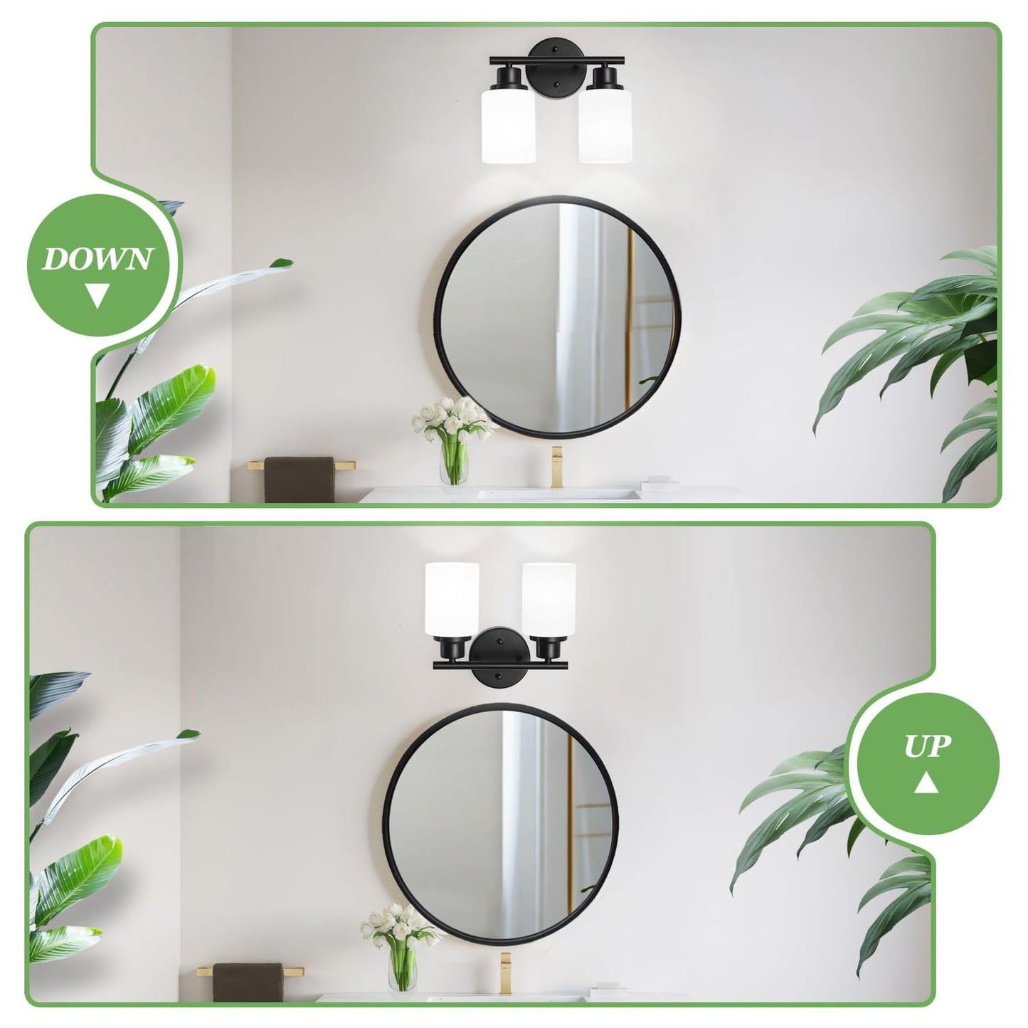 Guliaofo 2-Light Vanity Lights  Black Bathroom Light Fixture With Striped Textured Milky White Glass Shade  Modern Vanity Lighting Fixture For Bathroom Wall Light Over Mirror  E26 Wall Sconce